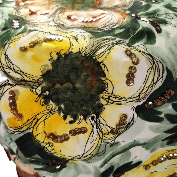 Vintage 50s Boat Neck Fit Flare Dress Size XS Yellow Brown Floral Print Sequin - Picture 10 of 16